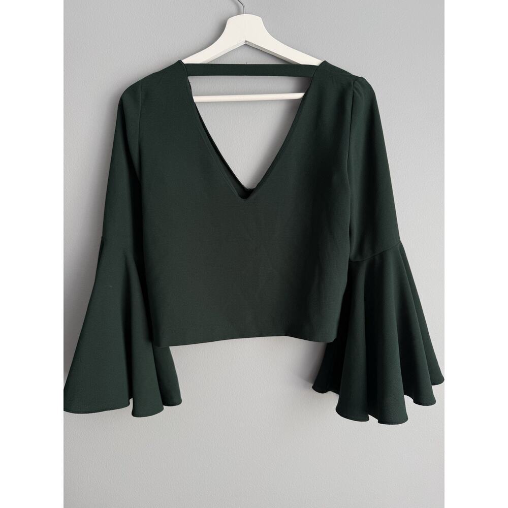 ZARA Dark Green Bell Sleeve Crop Top V Neck Boho Minimalist Blouse Size S Chic - Picture 5 of 6